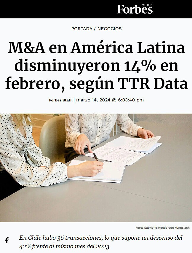 M&A en Amrica Latina disminuyeron 14% en febrero, segn TTR Data